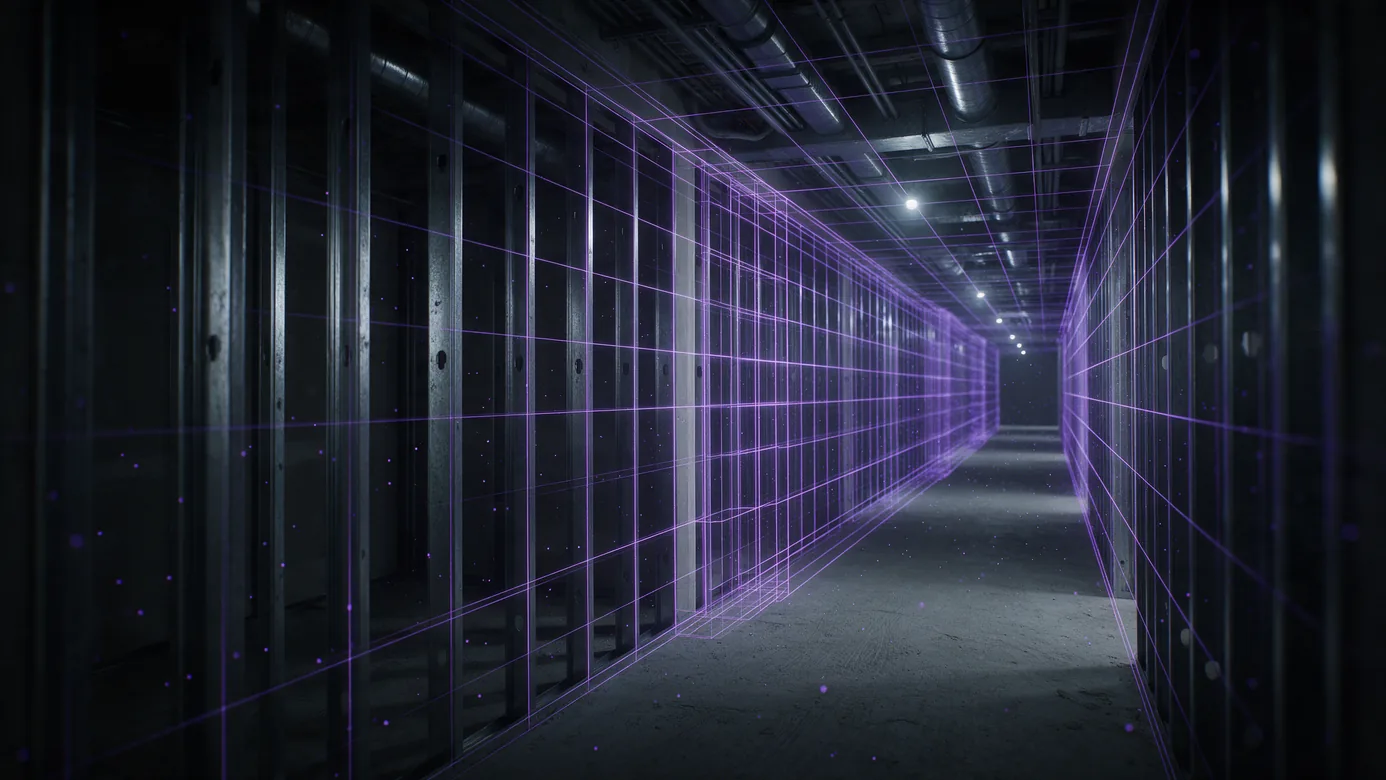 A construction corridor where a wireframe overlay of the same corridor sits out of register with the real structure, drifting further out of alignment into the distance