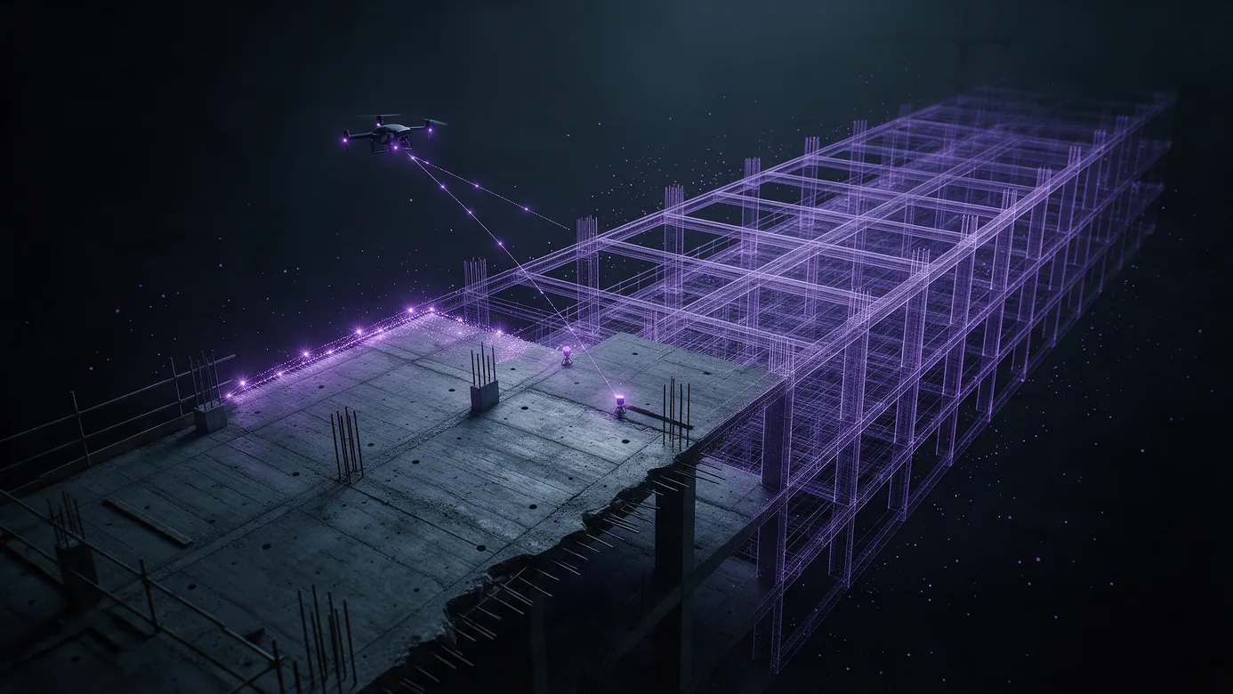 A partly built structure seen from above, half real concrete and steel and half as-designed model in exact registration, with a drone flight path above and a ground capture trail on the slab feeding the same map