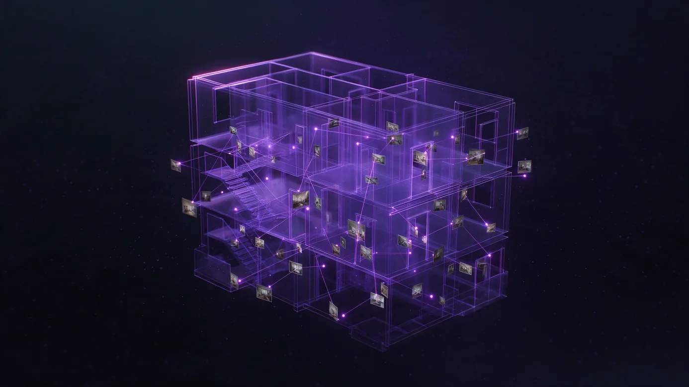 A wireframe model of a building interior with dozens of site photographs pinned at the exact points they were taken from, each tethered to its location by a thin line