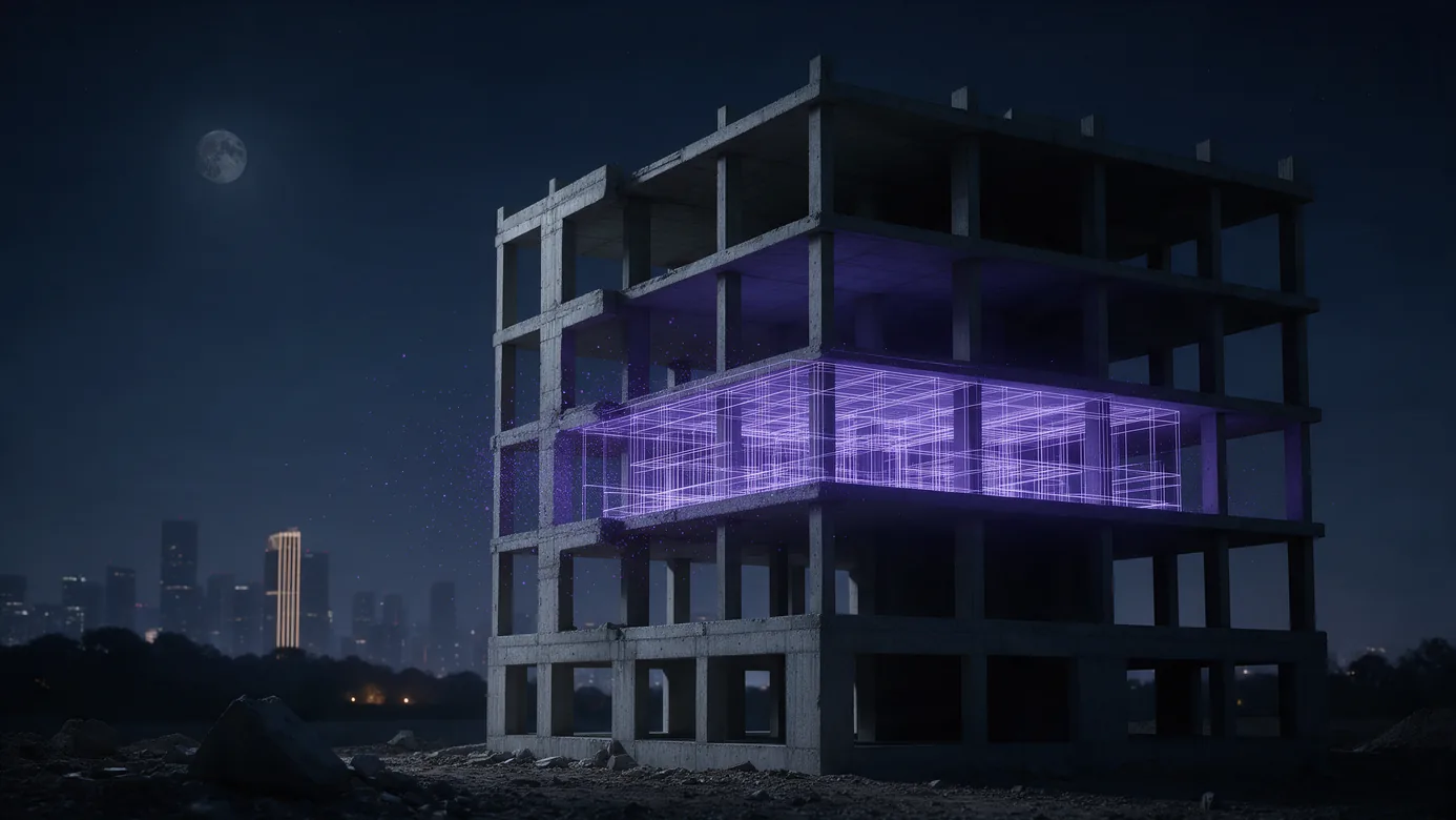 A multi-storey building under construction at night with a single middle floor lit and modelled, every other floor left dark