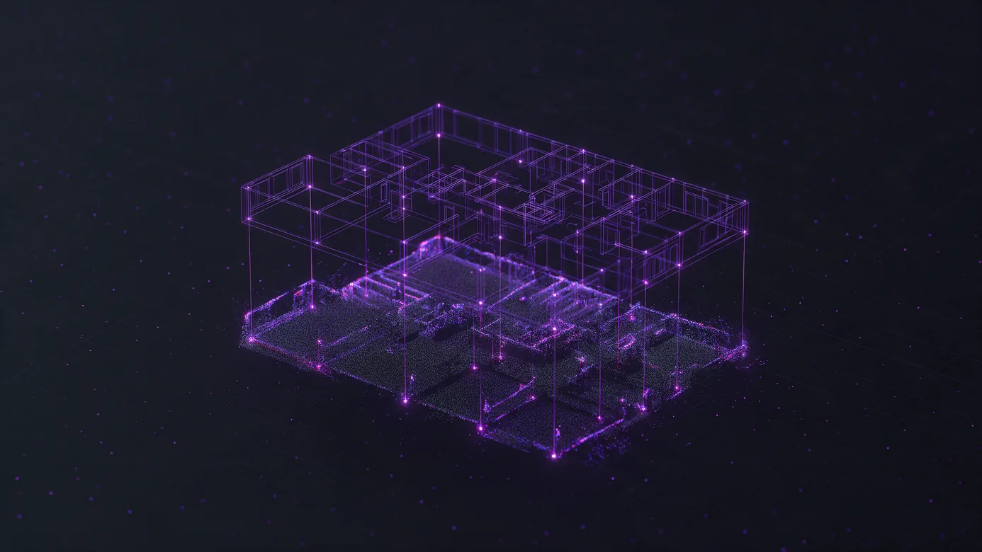 A wireframe model of a building floor snapping into alignment over a denser point cloud scan of the same floor, with guide lines where the two meet