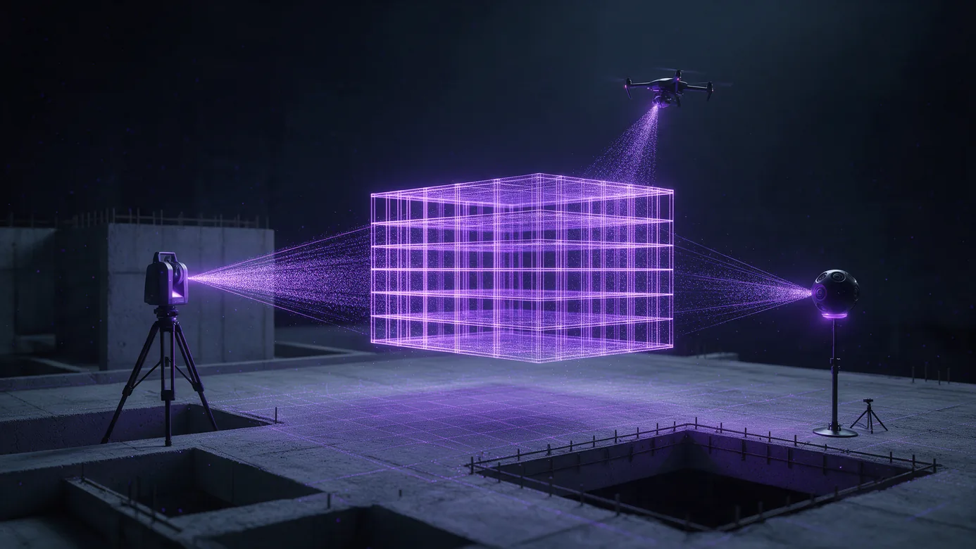 A tripod laser scanner, a 360 camera on a monopod and a drone around an open construction floor, each feeding a stream of points into one model at the centre
