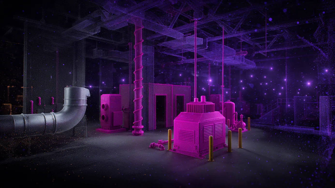 The same construction room as two overlapping scans from different dates merged in registration, with newly added ductwork and partitions picked out in a brighter colour