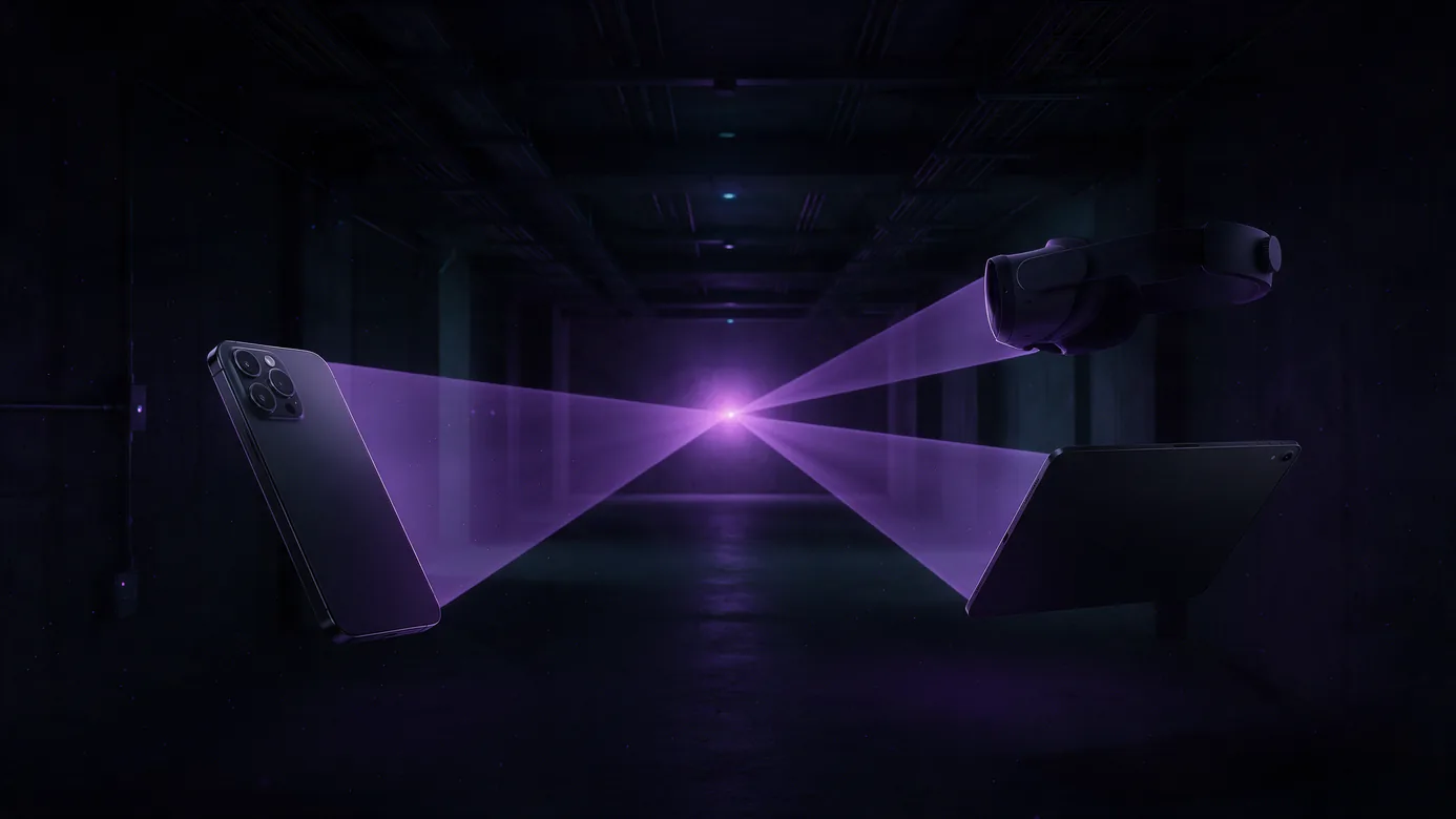 A phone, a tablet and a head-mounted display in a construction corridor, each projecting a camera frustum that converges on the same point on the far wall
