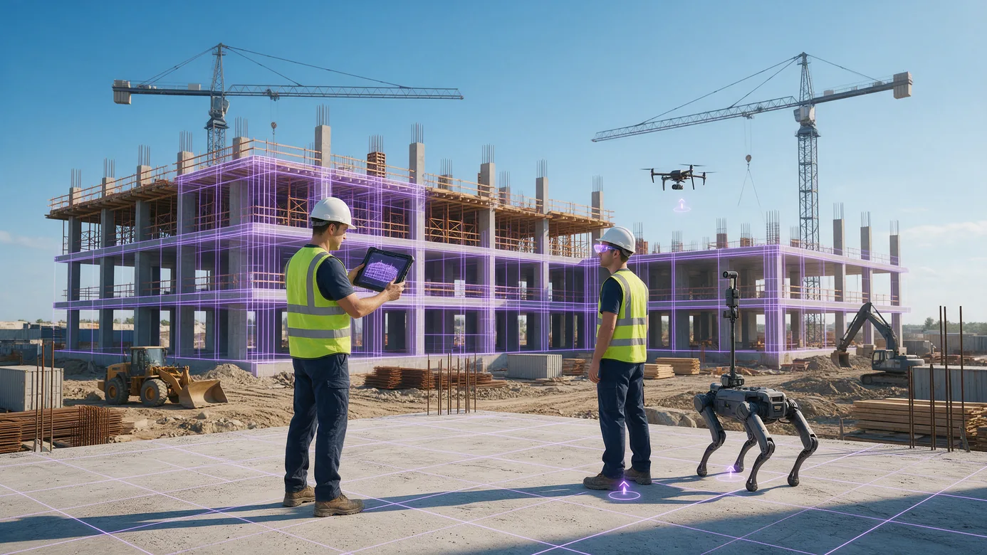 A large construction site in daylight where a worker holds a tablet showing the building model lined up with the real structure, a second worker wears AR glasses, a walking robot and a drone work alongside them, and a violet wireframe wraps the building's columns and slabs with position markers on the deck below