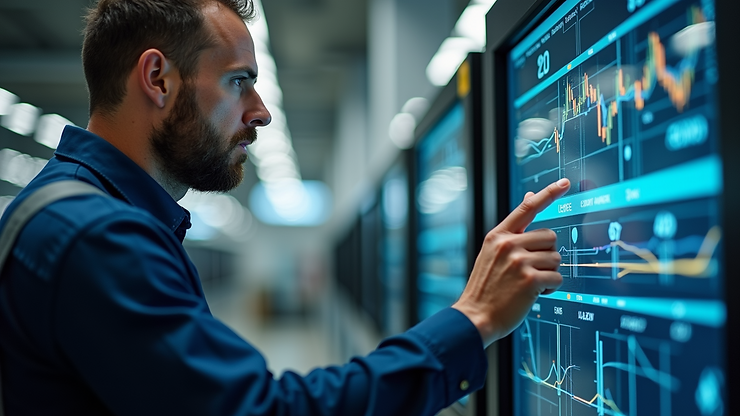 Close-up view of an engineer checking a digital interface while working on machinery