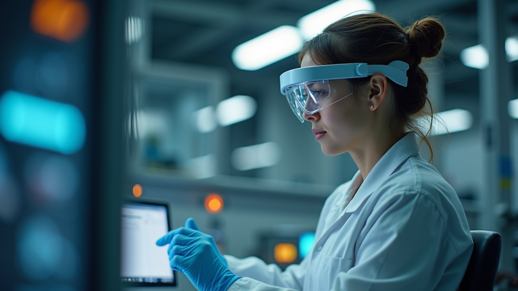 High angle view of a technician using AR glasses in the manufacturing process