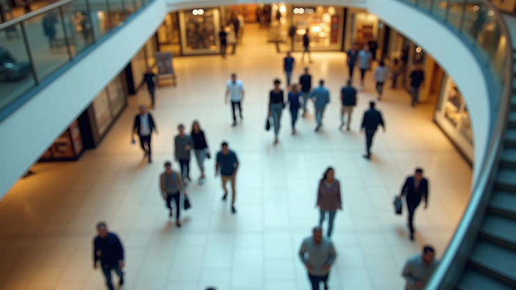 High angle view of a shopping mall with customers navigating through AR