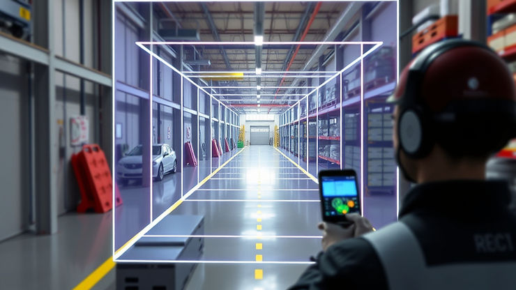 Warehouse shelves with precise AR arrow overlay—Unity demo of MultiSet scan-agnostic VPS, an Area Targets alternative.