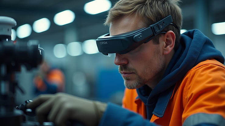 Close-up view of a technician using AR glasses for machine maintenance