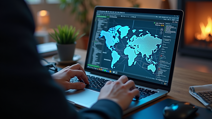 High angle view of a developer coding AR application on laptop
