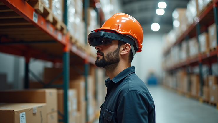 High angle view of warehouse worker using AR glasses for picking tasks