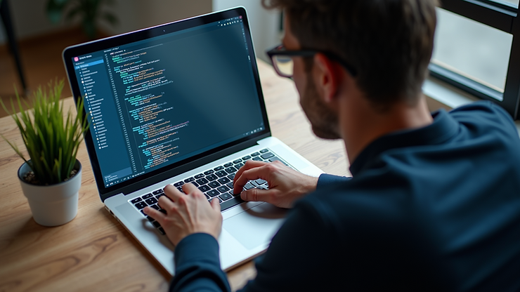High angle view of a developer working on AR localization code on a laptop