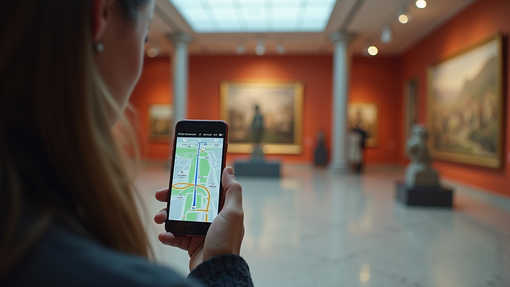 Close-up view of a smartphone displaying AR navigation directions inside a museum