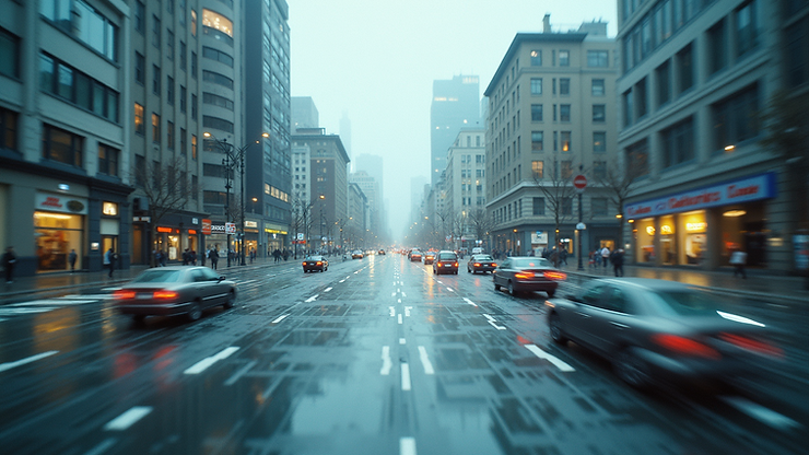 Eye-level view of a large urban area with 3D mapping overlays