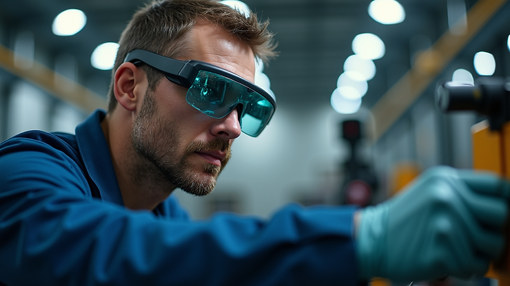 Eye-level view of a technician using AR glasses to inspect industrial machinery