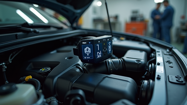 Close-up view of AR headset displaying assembly instructions on a car engine