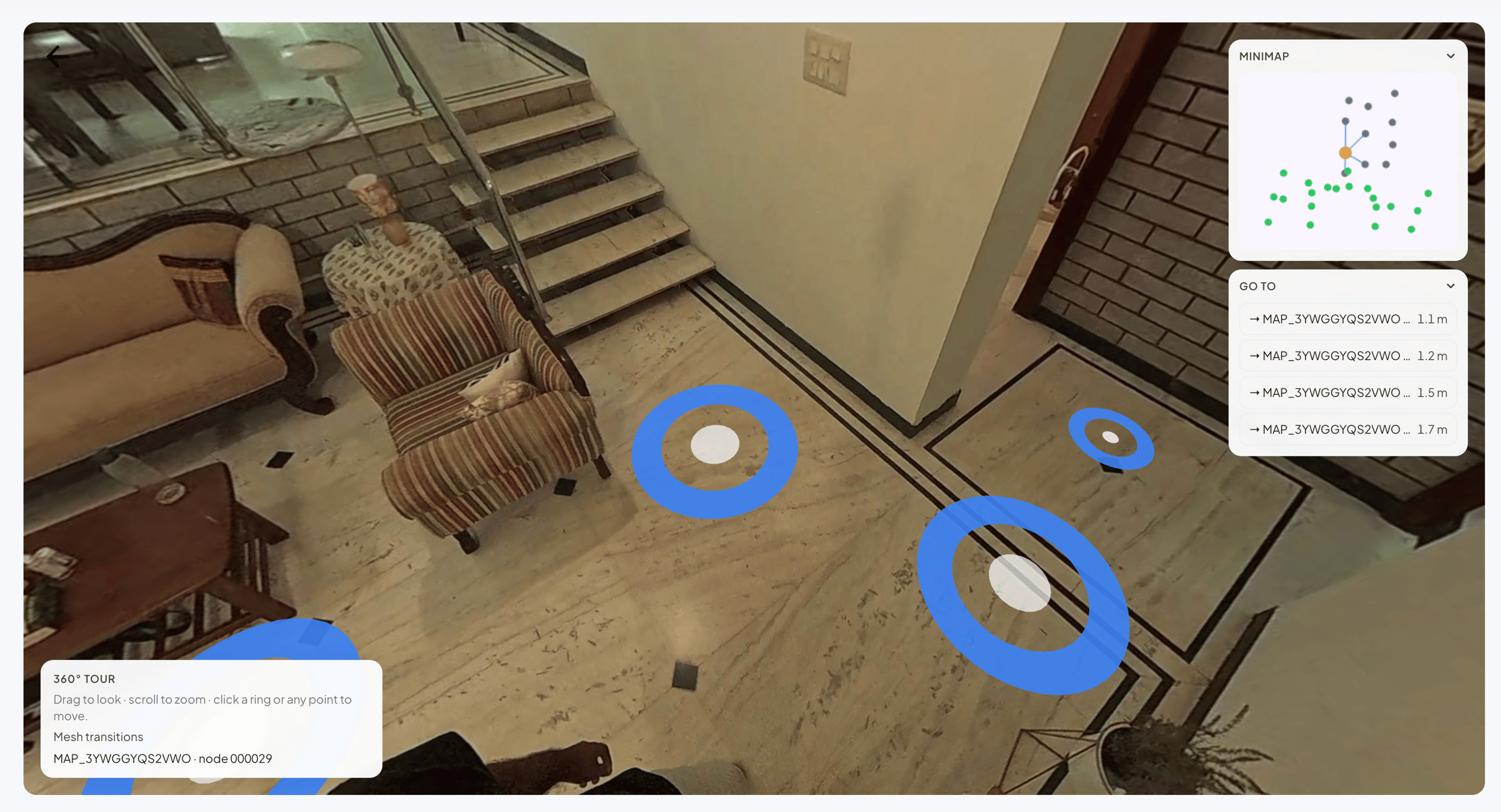 A MultiSet 360 tour with navigation rings on the floor, a node minimap, and neighbouring nodes listed by distance