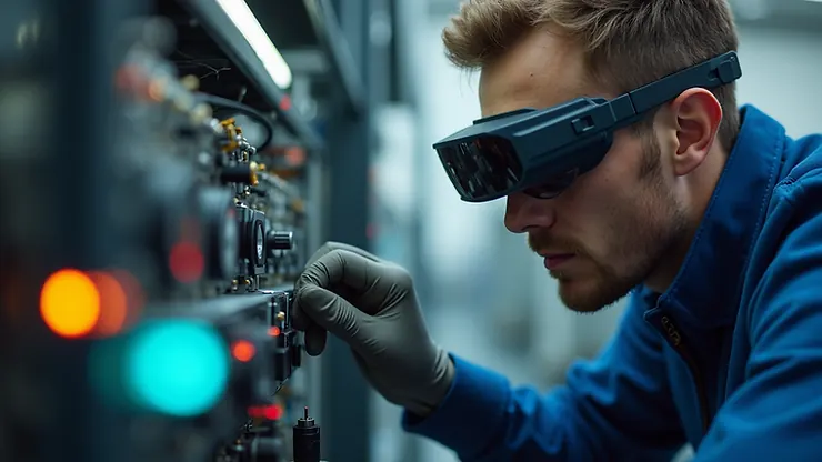 Close-up view of a technician using AR glasses to repair industrial equipment