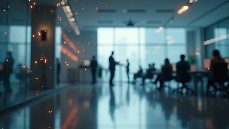 Eye-level view of a modern office space with AR navigation markers