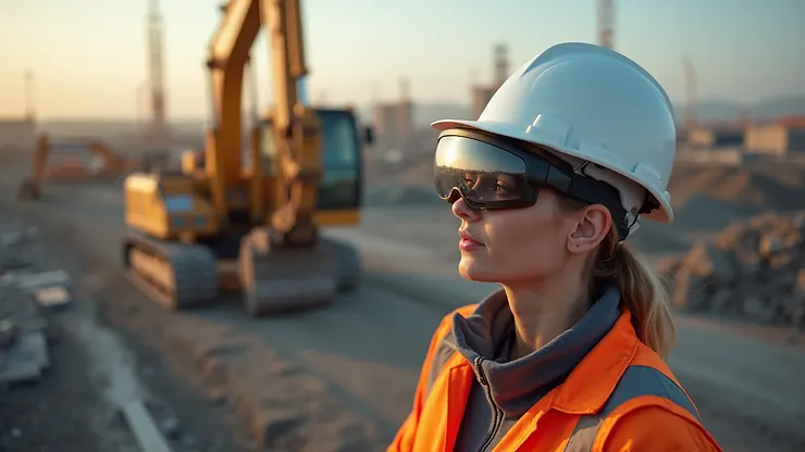 High angle view of a construction worker using AR glasses on site