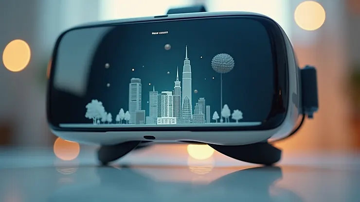 Close-up view of a mixed reality headset displaying a building model