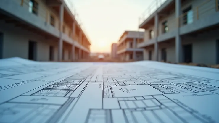 Eye-level view of a construction site with AR overlay on building plans