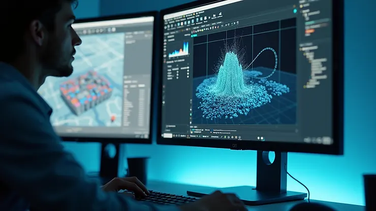 Close-up view of a computer screen showing 3D mapping software interface