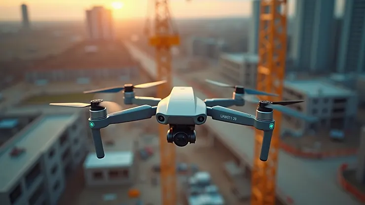 High angle view of a drone capturing aerial data over a construction site