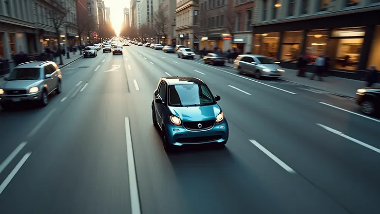 High angle view of a smart car navigating through a city