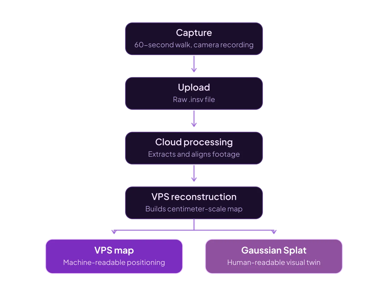A flow from a 60 second walk and a raw .insv upload through cloud processing and VPS reconstruction, forking into a machine-readable VPS map and a human-readable Gaussian splat