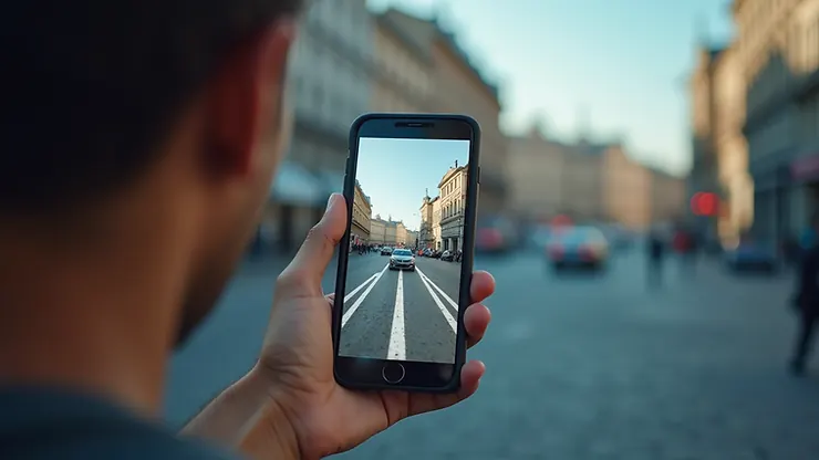Eye-level view of a smartphone displaying augmented reality navigation