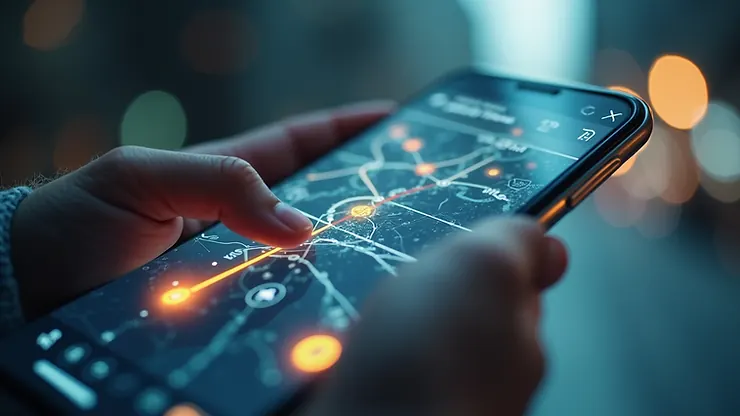 Close-up view of an AR app showing navigation on a smartphone