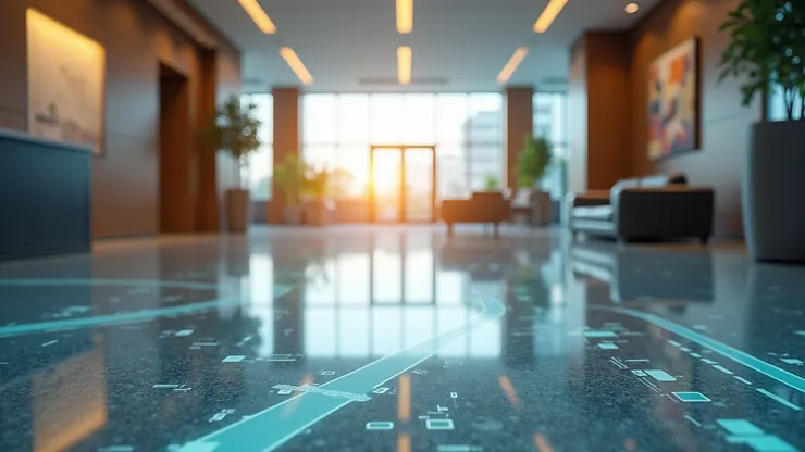 Eye-level view of a modern office lobby with AR navigation overlay