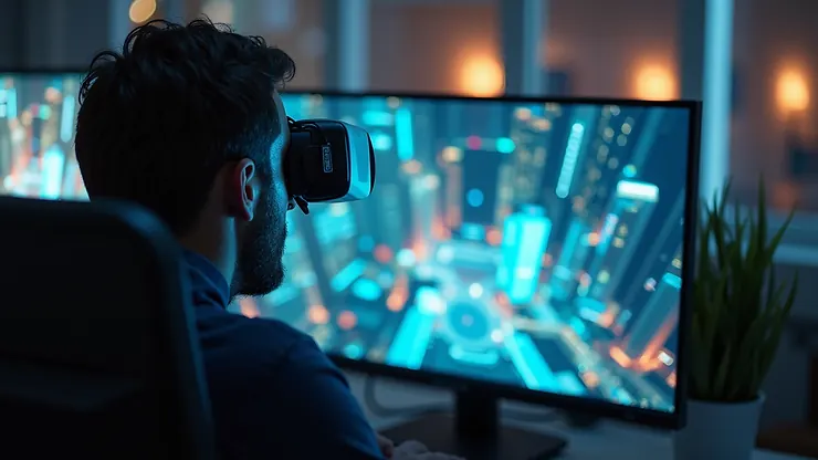 High angle view of a developer working on a Unity AR project with indoor mapping