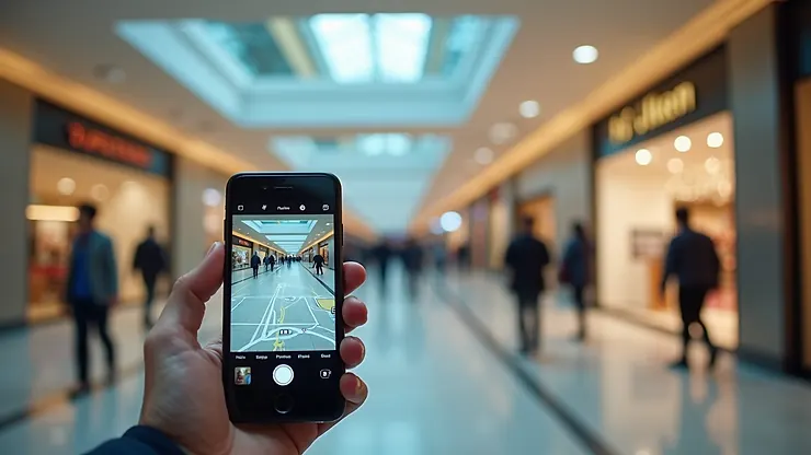 Close-up view of a smartphone displaying an indoor AR map in a shopping mall