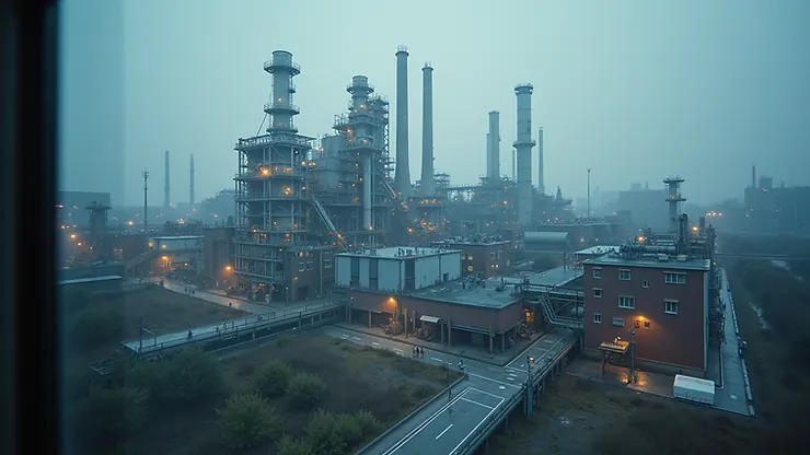 High angle view of an industrial plant with AR inspection overlay