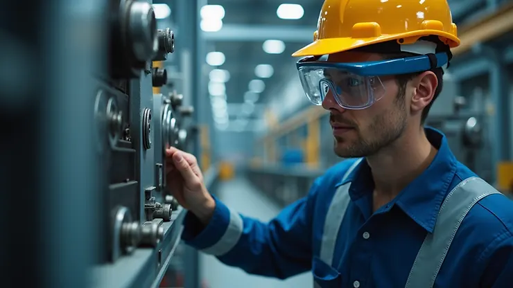 Eye-level view of a technician using AR glasses to inspect industrial machinery