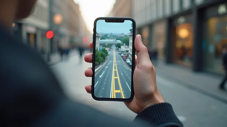 Eye-level view of a smartphone displaying AR navigation in an urban street