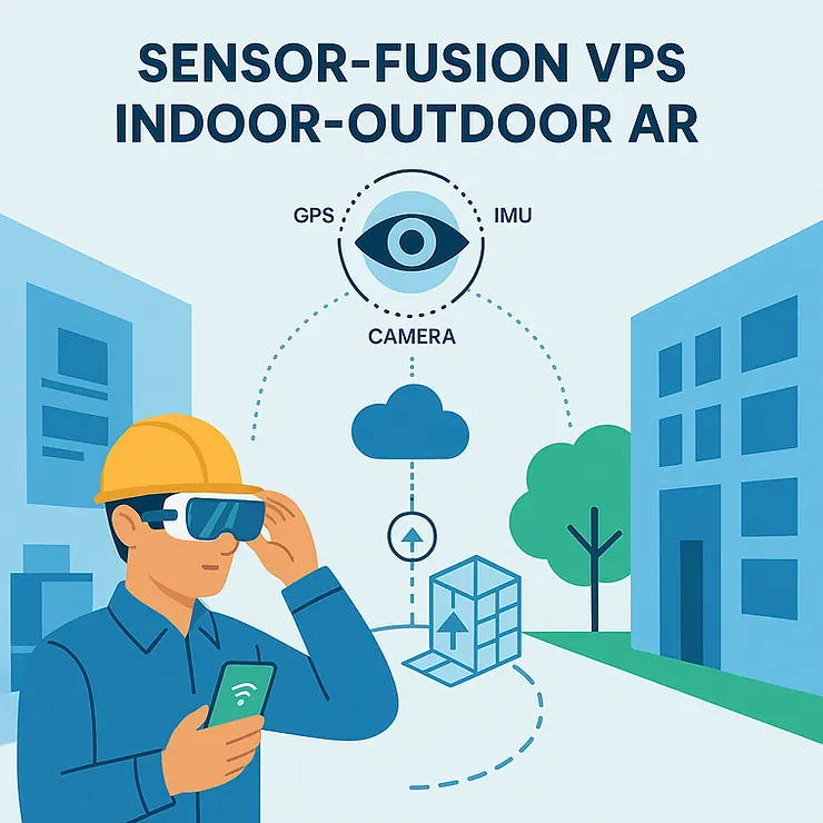 Flat-style illustration of an industrial worker wearing AR glasses and holding a smartphone, standing between outdoor buildings and an indoor warehouse. Above him, icons for GPS, camera, and IMU converge into a cloud, symbolizing vision-AI sensor-fusion VPS that maintains precise, low-latency localization across indoor-outdoor transitions.