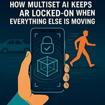 Illustration of a hand holding a smartphone with an augmented reality (AR) interface, showing a 3D cube and a lock icon symbolizing MultiSet AI's tracking stability. In the background, cars and a person are in motion, emphasizing a dynamic environment where AR remains locked-on.
