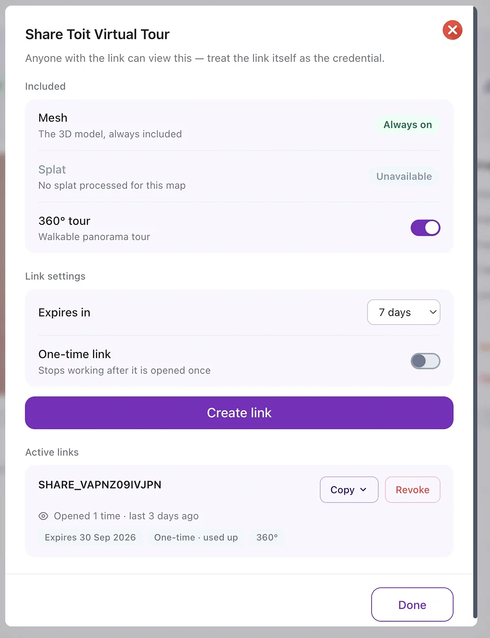 MultiSet share link settings: mesh always included, splat and 360 tour toggles, expiry, one-time link, and active links with open count and revoke.