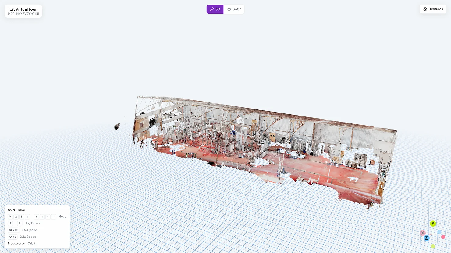Share link viewer in a browser showing the textured 3D mesh of a brewery floor mapped with MultiSet.