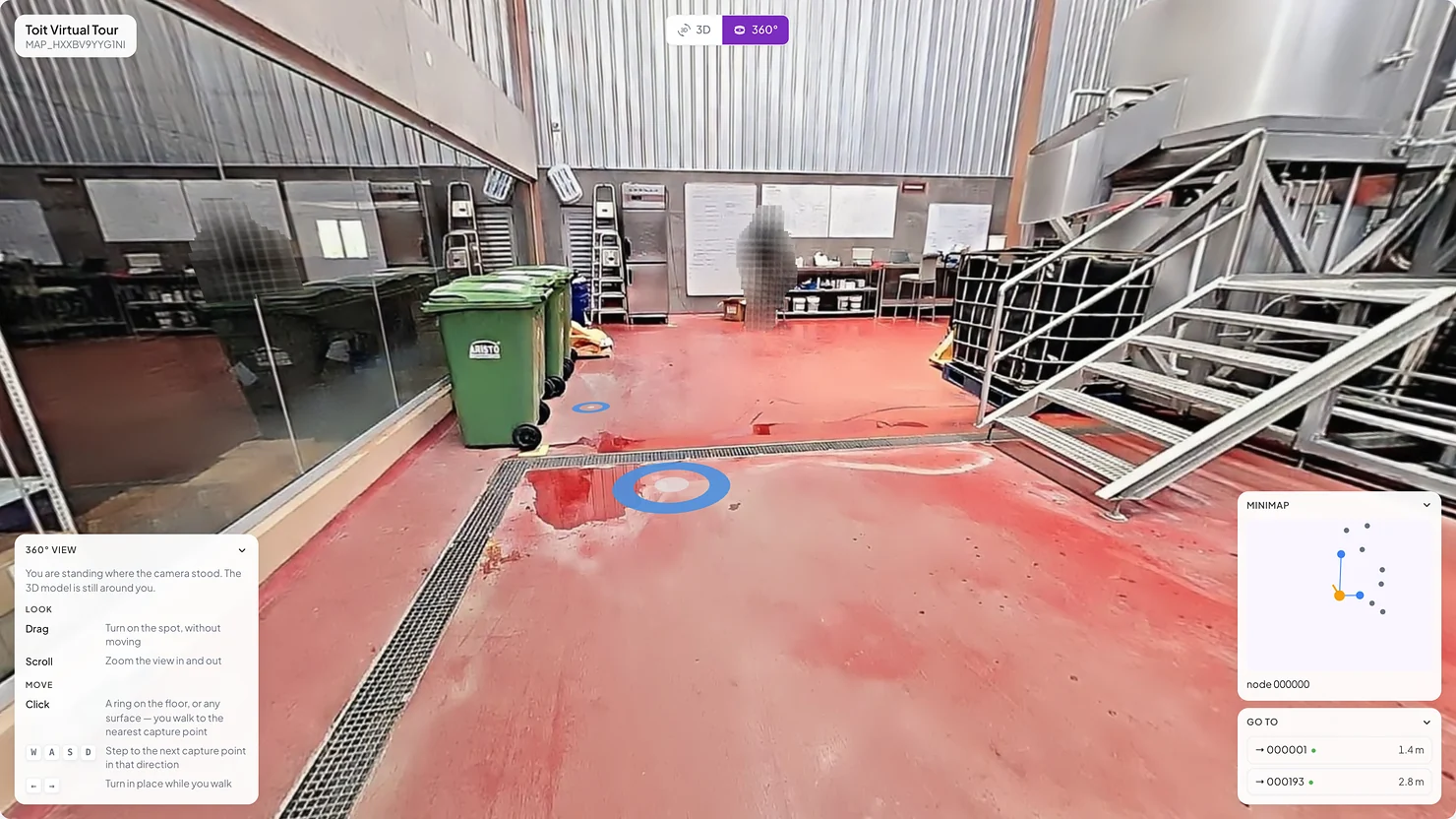 Share link viewer in 360 tour mode, with a navigation ring on the floor, a minimap, and nearby capture points by distance.