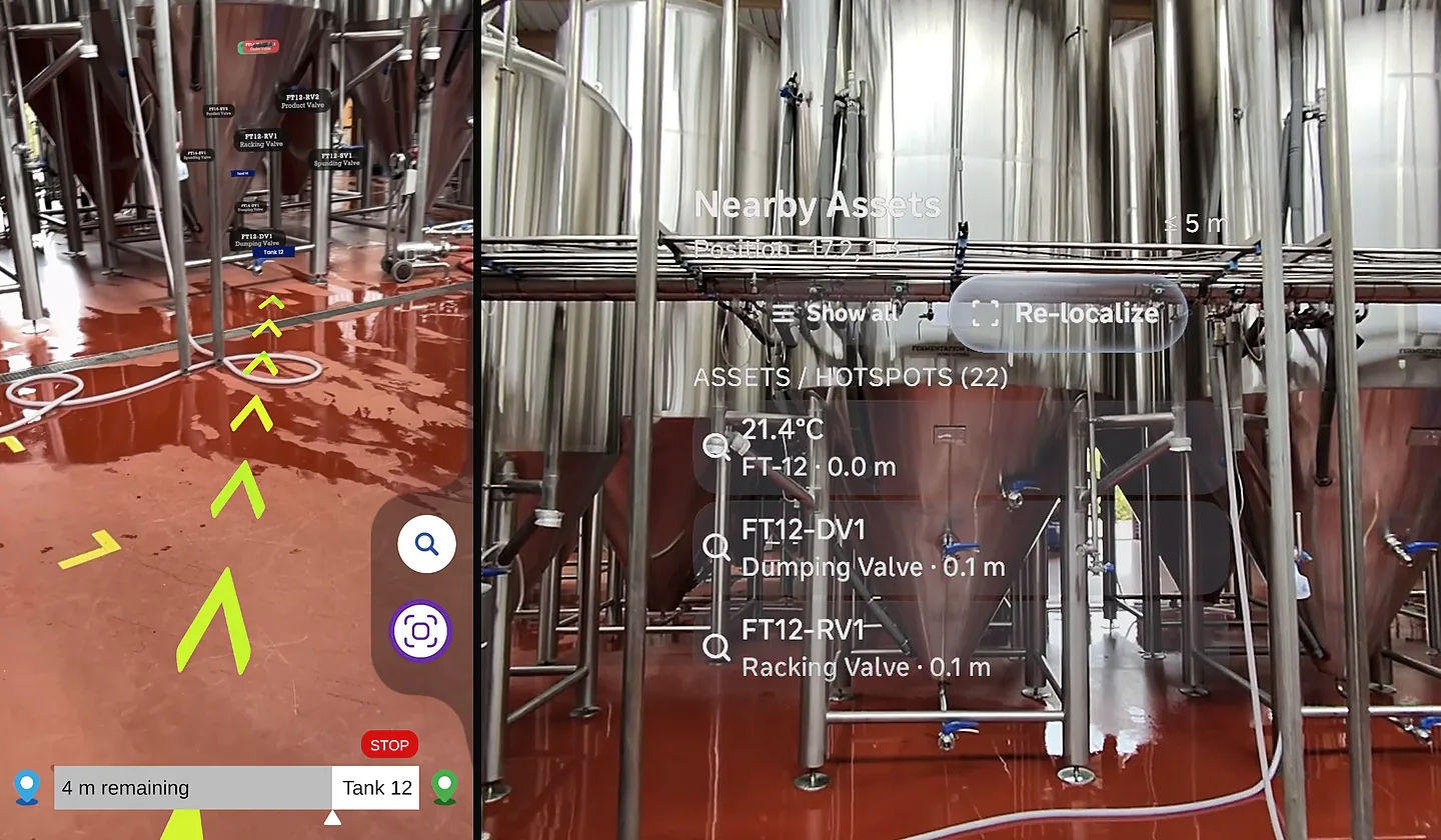 Phone route with floor arrows leading to Tank 12 and its valve labels, beside the glasses view listing that tank's valves with distances.