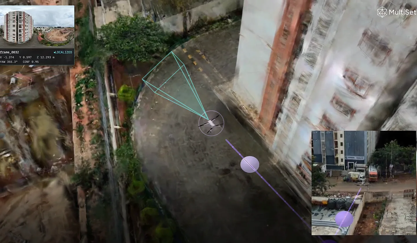 A drone between tower blocks with its camera-derived position and confidence, and an illustrative view cone off its nose.