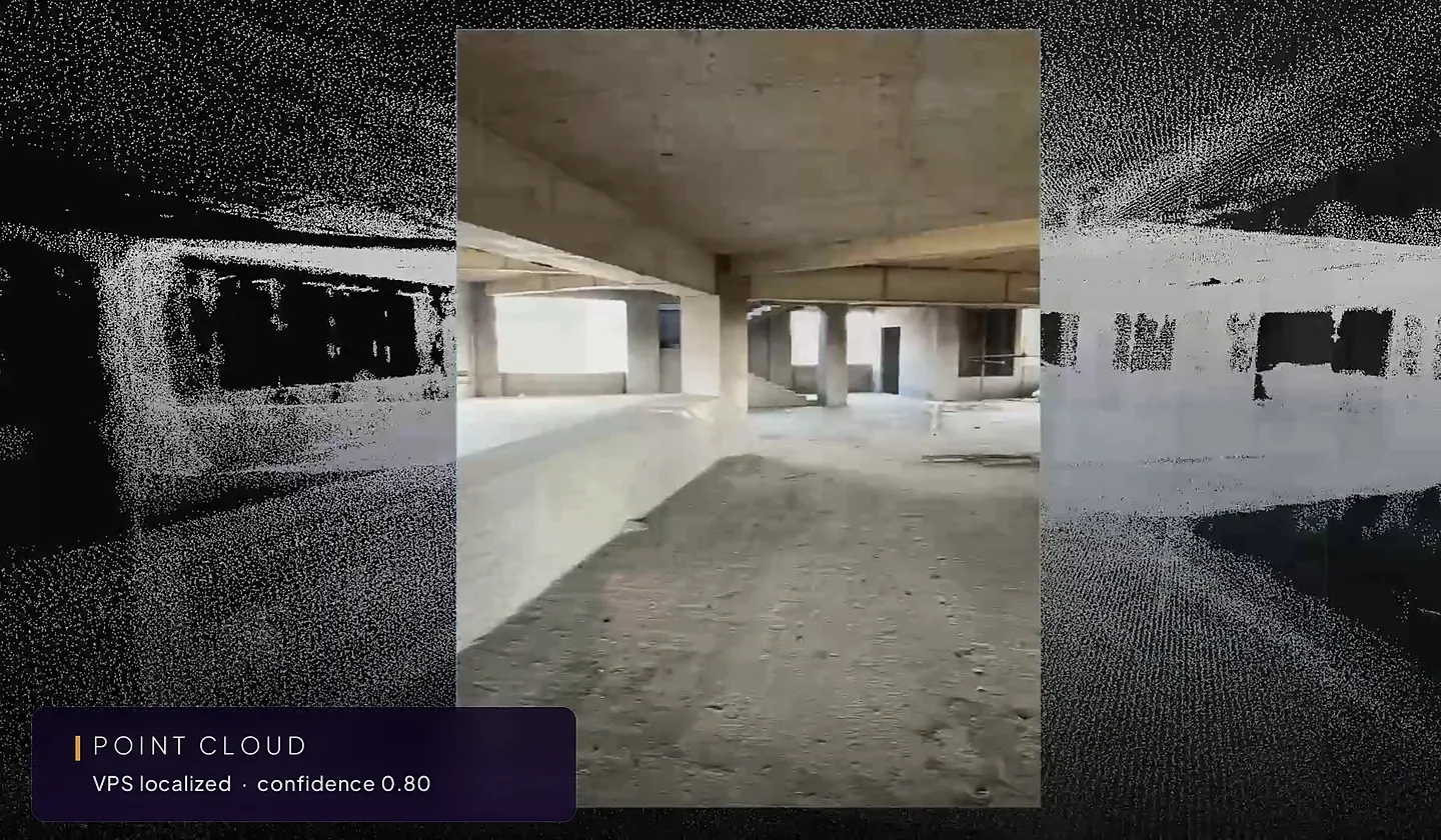 A site photo placed at its solved position inside the point cloud of a building under construction, with a confidence of 0.80.