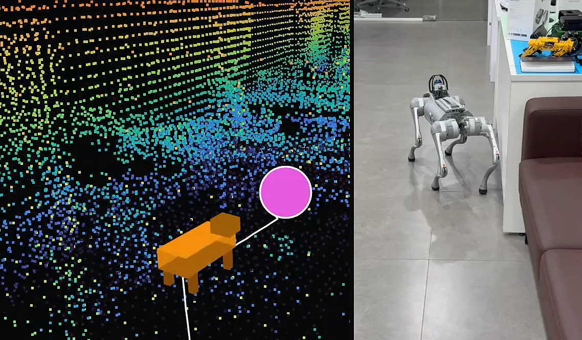 A quadruped robot's model driving along its path to a goal marker in the point cloud map, beside the real robot walking an office floor.