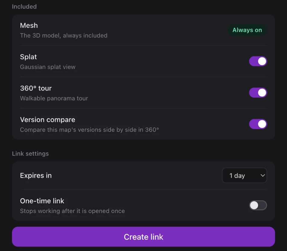 MultiSet share dialog with the mesh always included, splat and 360 tour toggles, the new Version compare toggle switched on, an expiry setting and a one-time link option.