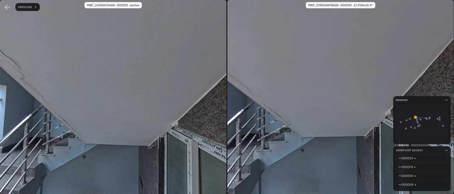 MultiSet Version compare showing two 360 degree captures of the same stairwell, taken five weeks apart, side by side at a matched viewpoint, with a minimap and a list of nearby viewpoints.